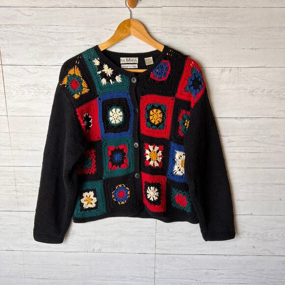 Le Moda Sweater Womens Size Medium Vintage Black Knitted by Hand Granny Square - Picture 3 of 16